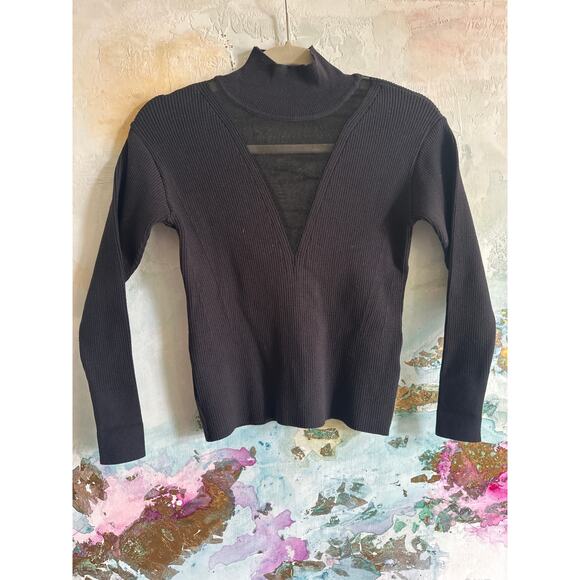 Paola Bernardi Black Ribbed Mock Neck Sheer V Sweater XS - Picture 2 of 9